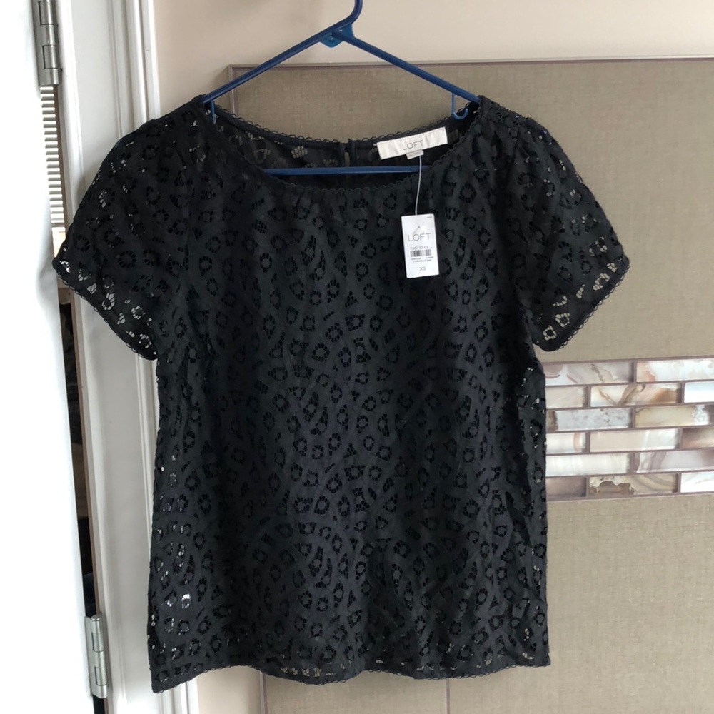 Ann Taylor Loft short sleeve black lace top- xs